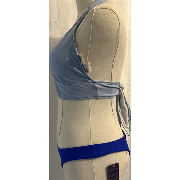 Sexy Bikini Set Light Blue Halter V-Neck Top Size L & Dark Blue Thong Bottom M - Picture 7 of 13